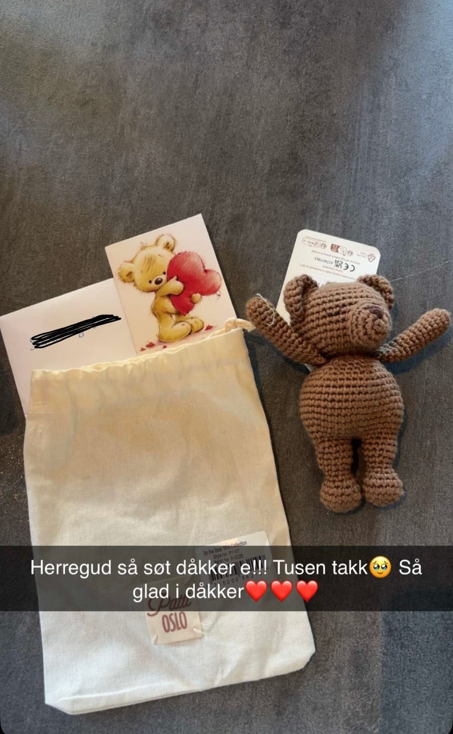 Customer photo review of Heklet mini bamse – Bo the Bear (brun) | Patti Oslo