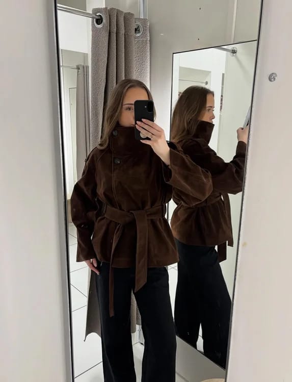 Customer photo review of Amanda Funnel Faux Suede Trench Coat