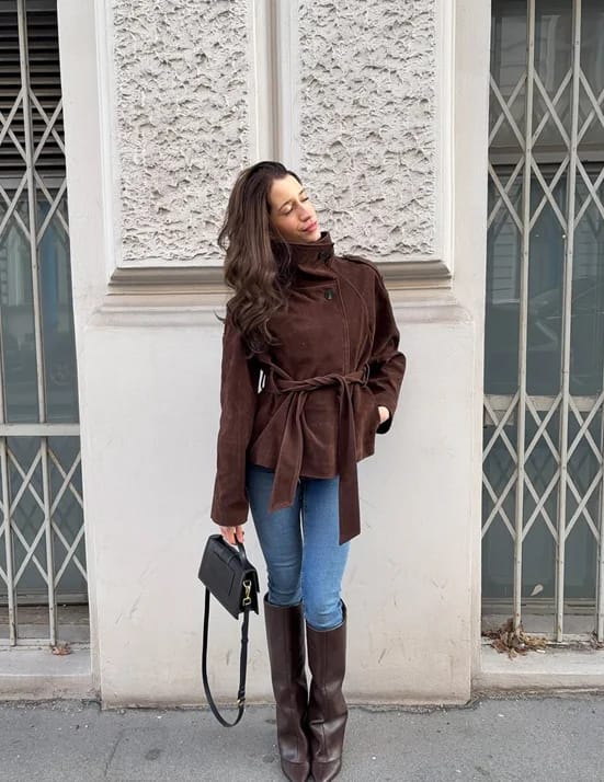 Customer photo review of Amanda Funnel Faux Suede Trench Coat