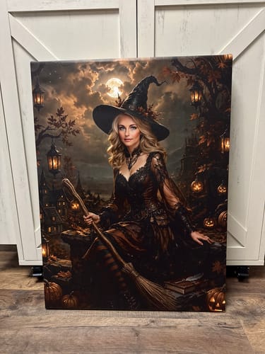 Customer's The Autumn Witch personalized portrait hanging on a wall, featuring a witch in a forest setting.