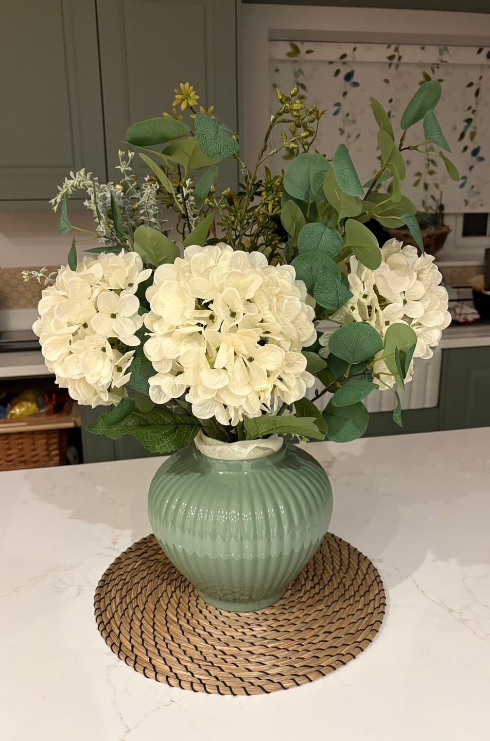 Customer photo review of Faux Arrangement - Eucalyptus & White Hydrangea