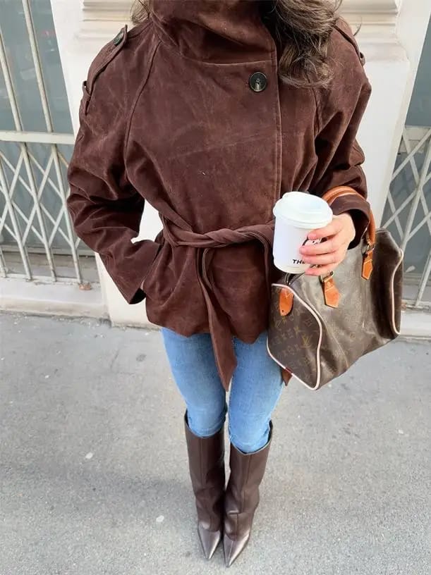 Customer photo review of Amanda Funnel Faux Suede Trench Coat
