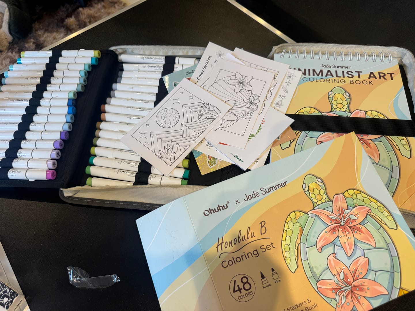 Customer photo review of Ohuhu x Jade Summer Alcohol Markers & Coloring Book Set, 47 Colors + 1 Colorless Blender, Honolulu B, Brush & Fine Dual Tips