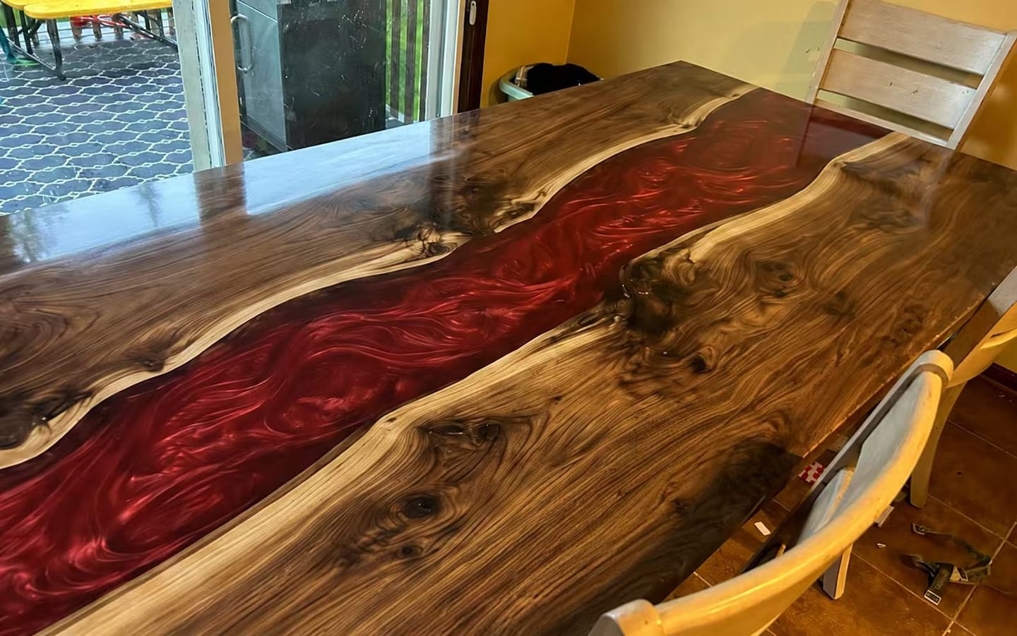Customer photo review of Walnut Wood with Red Epoxy Resin Dining Table