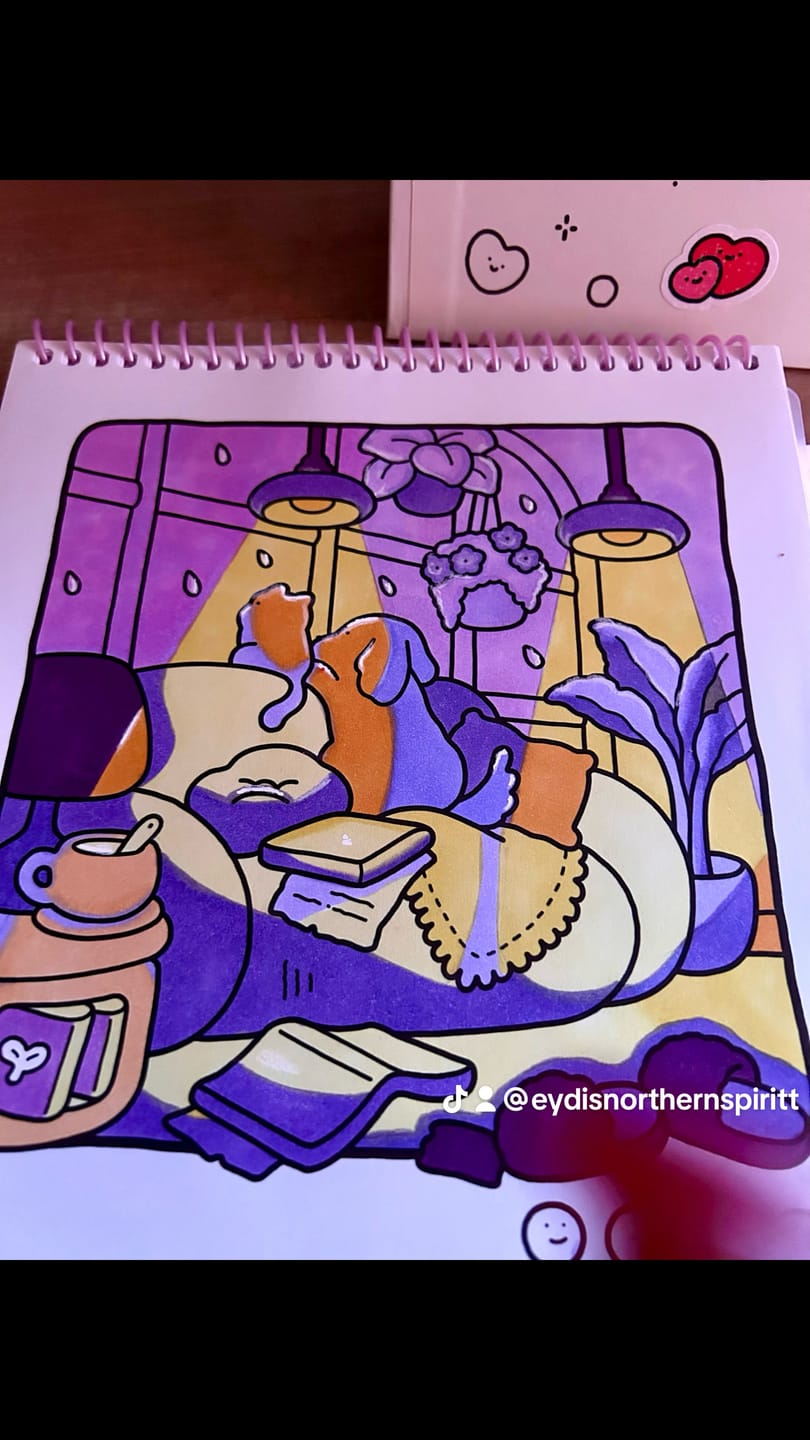 Customer photo review of Ohuhu x Coco Wyo Cozy Mood Coloring Kit, Honolulu B 48 Colors Alcohol Markers with Brush & Fine Dual Tips, Coloring Book with Mood Tracker Pages