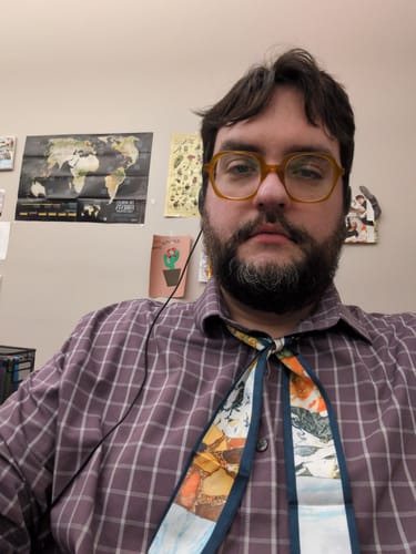 Reviewer wearing a Geology Skinny Scarf with mineral-patterned rectangular panels tied around their neck.