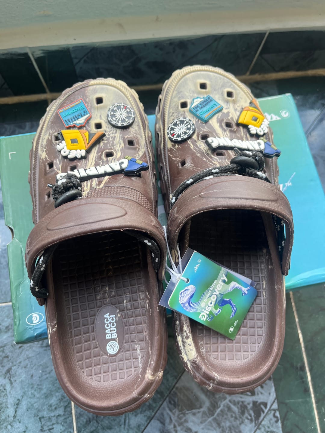 Customer photo review of Discovery × Bacca Bucci Marble Clog Slides – Camping Hero Edition