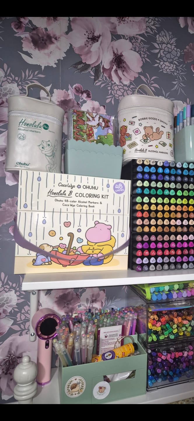 Customer photo review of Ohuhu x Coco Wyo Cozy Mood Coloring Kit, Honolulu B 48 Colors Alcohol Markers with Brush & Fine Dual Tips, Coloring Book with Mood Tracker Pages