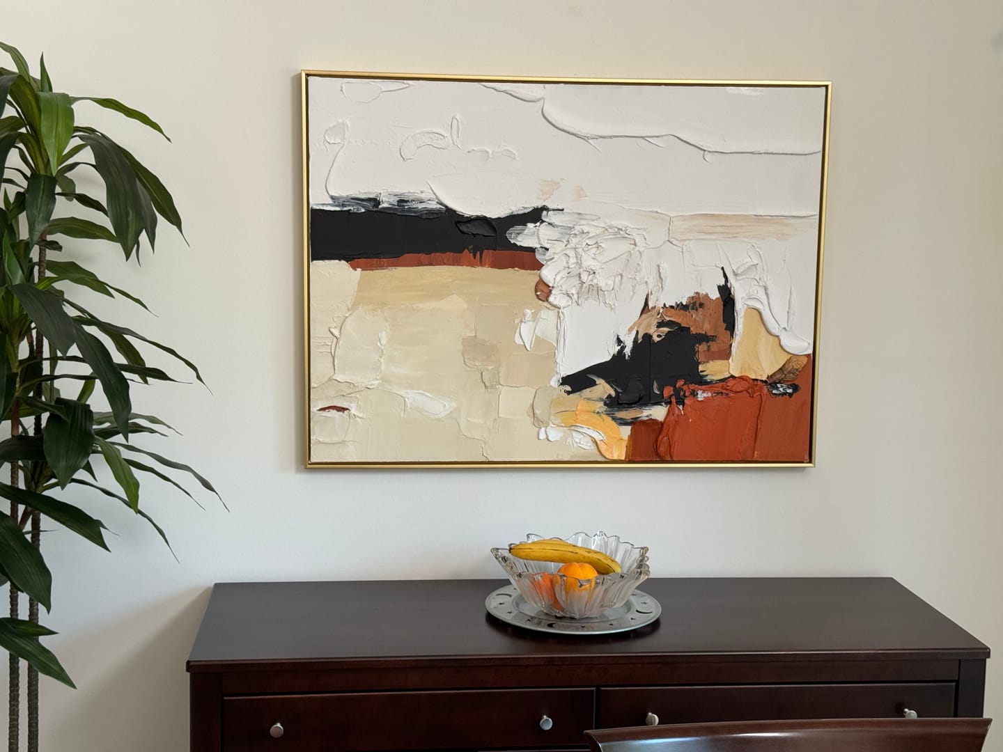 Customer photo review of Stylish Impasto Abstract Wall Art - Modern Black, White & Orange Hues