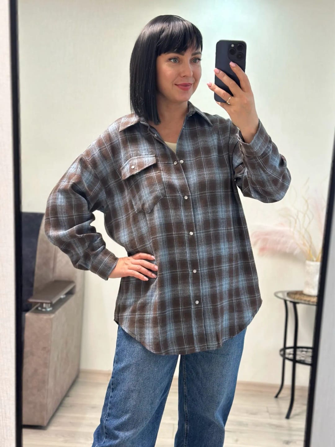Customer photo review of Melissa Oversized Plaid Shirt