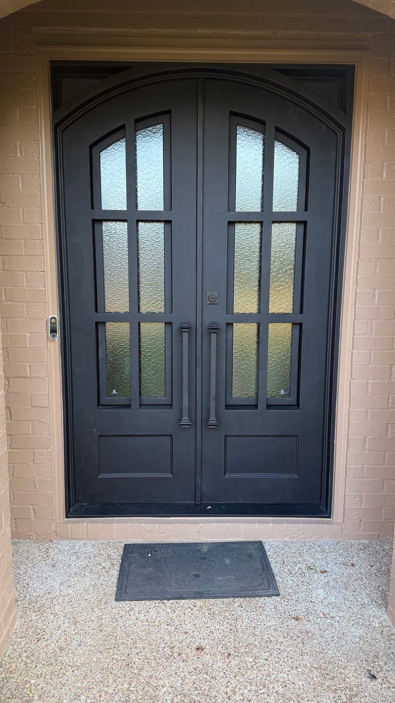 Customer photo review of Cameroon Model Double Front Entry Iron Door With Tempered Aqua Lite Glass Dark Bronze Finish