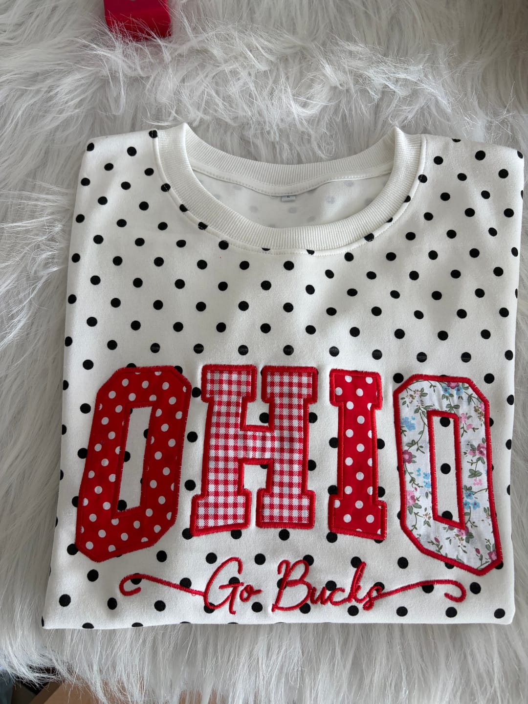 Customer photo review of Custom Patchwork Fabric Embroidered Polka Dot Sweatshirt Team and School Name Applique Varsity Letters | Game Day Wear