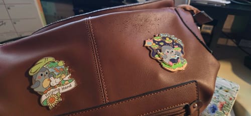 Customer's Birb's Eye View Pin clipped to a brown leather bag alongside another pin.