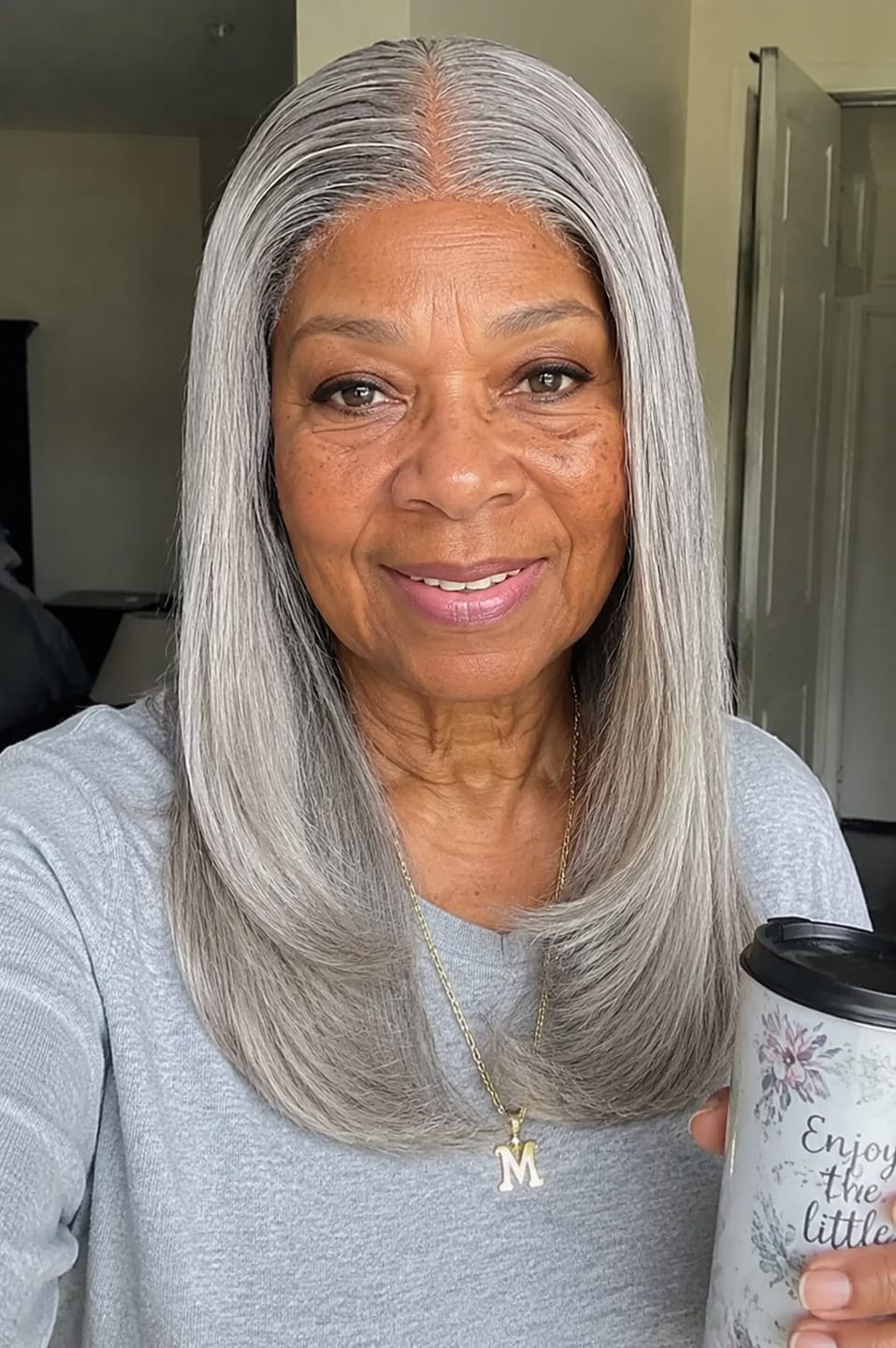 Customer photo review of Luvwin Salt & Pepper Gray Straight Layered Cut Beginner Friendly Glueless Wig 100% Human Hair