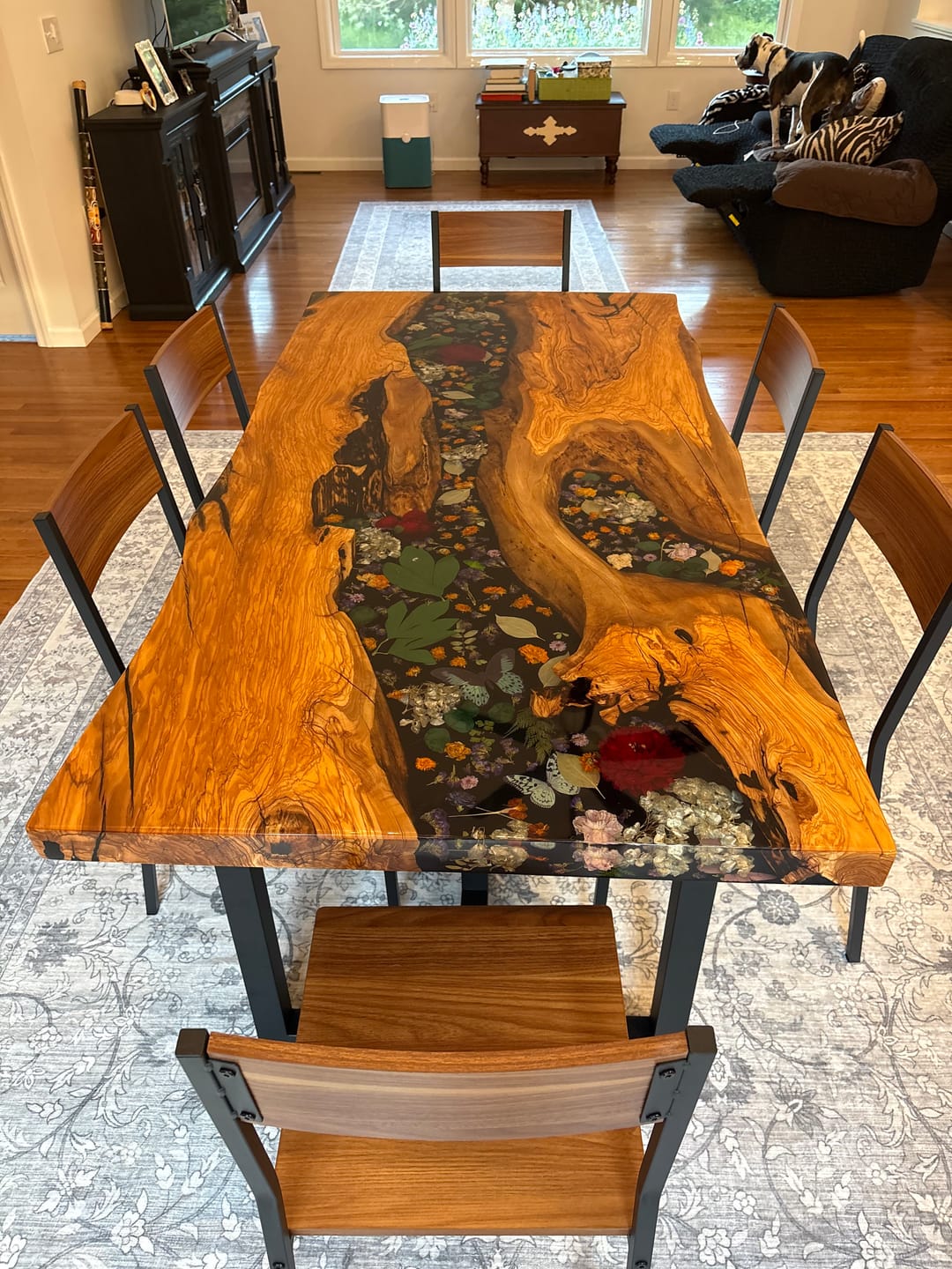 Customer photo review of Seawavetable 36"x72" Premium Olive Wood Epoxy Table Embedded with Flowers in Stock