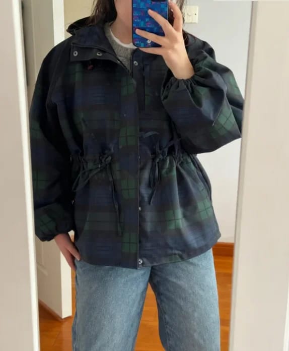 Customer photo review of Emma Oversized Plaid Lace-Up Jacket