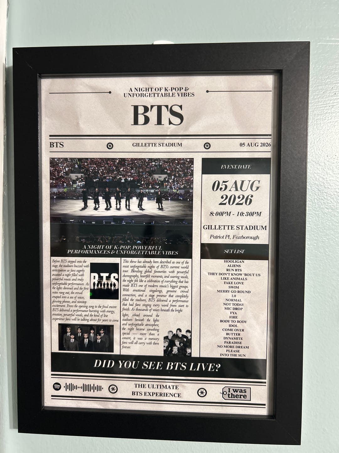 Customer photo review of BTS - Personalised Newspaper Style Concert Poster (USA Tour)