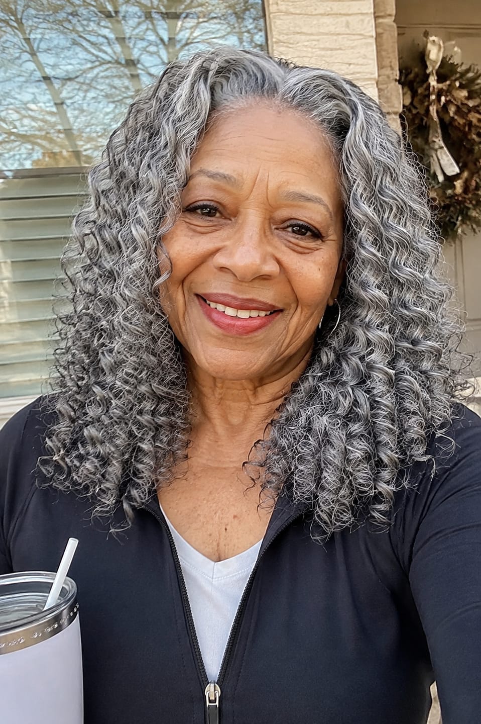 Customer photo review of Luvwin Salt & Pepper Loose Wave Curly Wig Glueless Gray Color 100% Human Hair