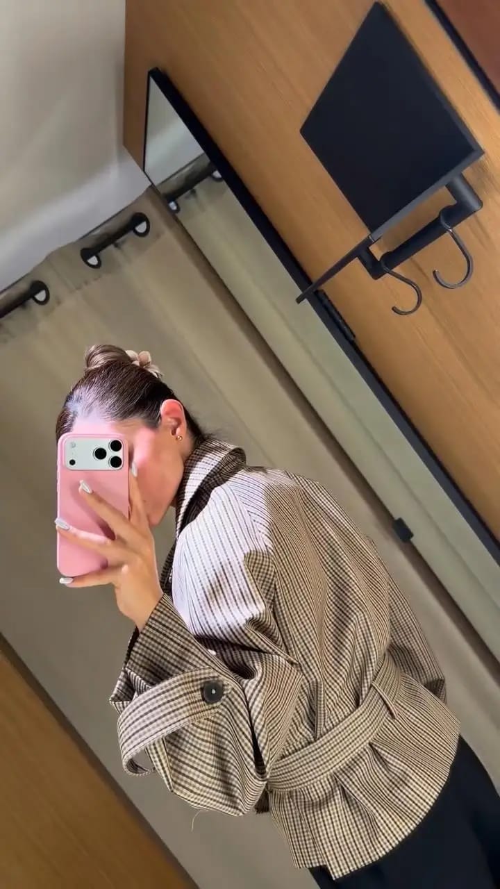 Customer photo review of Jasmin Plaid Funnel Collar Trench Coat