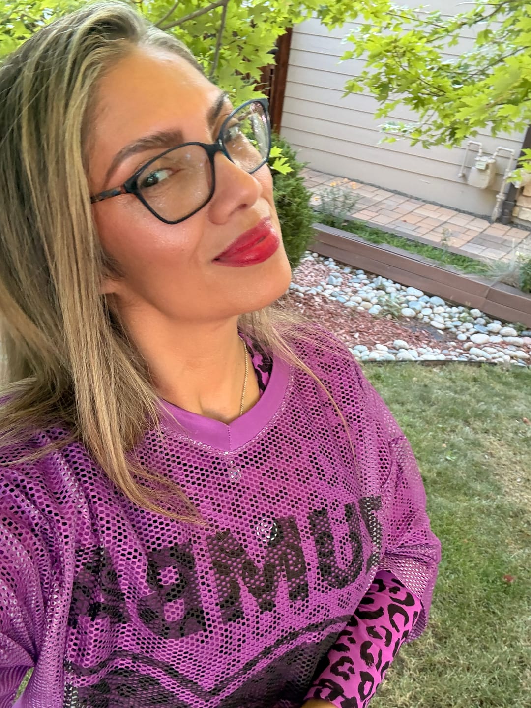 Customer photo review of Ultrabright Oversized Mesh V-Neck Top