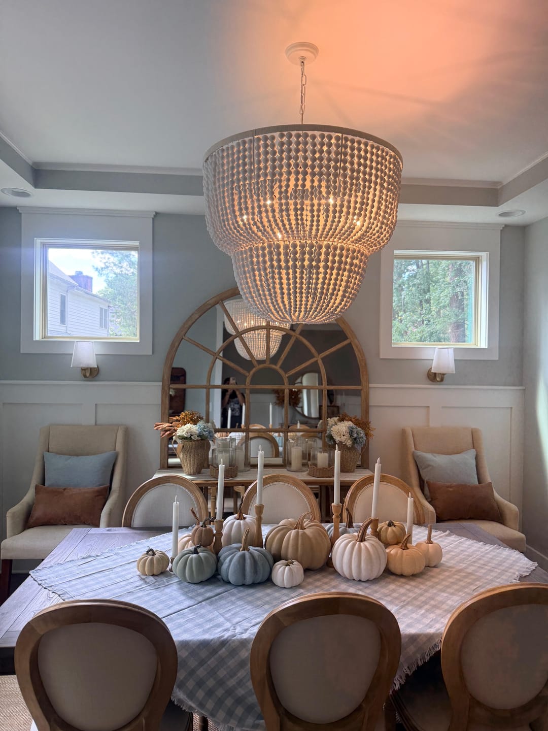 Customer photo review of Boho-style Dual-tier Cascading Washed White Wood Beads Chandelier