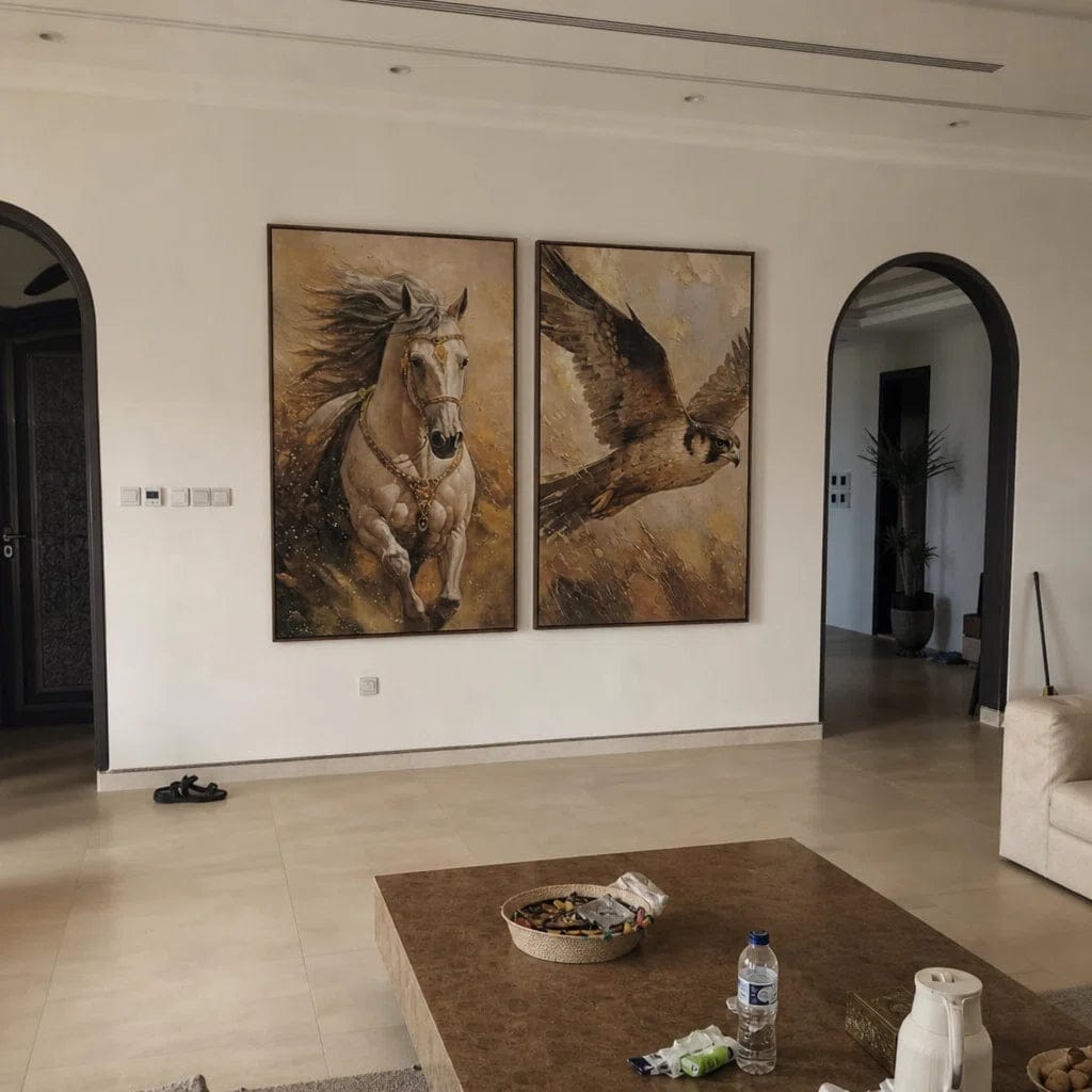 Customer photo review of Artura Paint | The Golden Horizon: Falcon & Arabian Horse  (Bespoke Gallery Diptych Set)