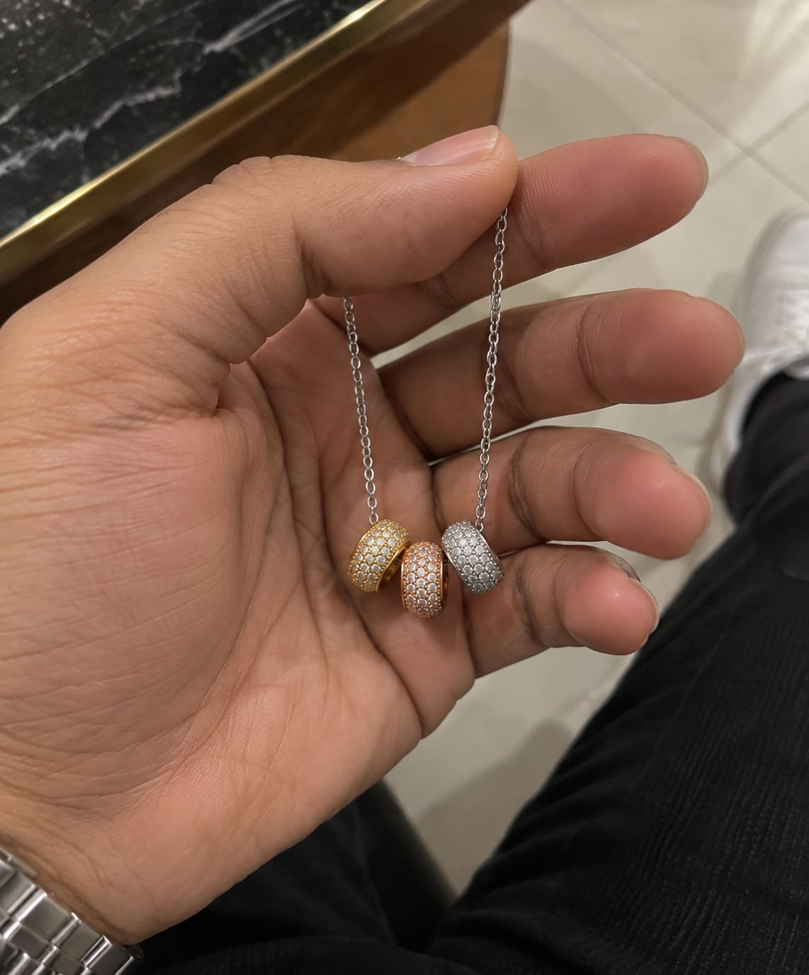 Customer photo review of Tri Tone Bead Necklace in Gold, Rose Gold and Silver, Zircon Pavé Pendant, Minimalist 925 Sterling Silver For Wife
