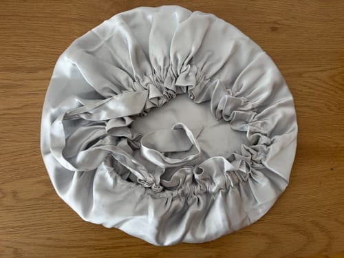 Customer photo review of Large Double-Lined Adjustable Silk Hair Bonnet Turban - Silver
