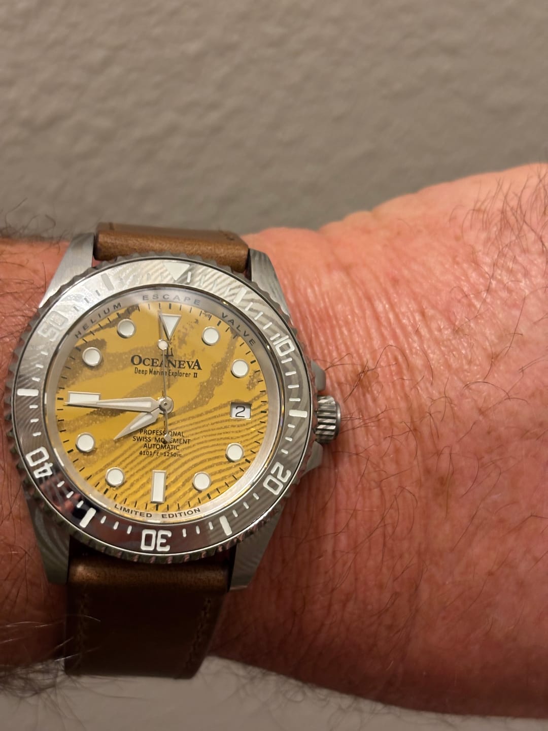 Customer photo review of Oceaneva Mens Deep Marine Explorer II Yellow Gold Gold Damascus Steel Dial Watch Rubber