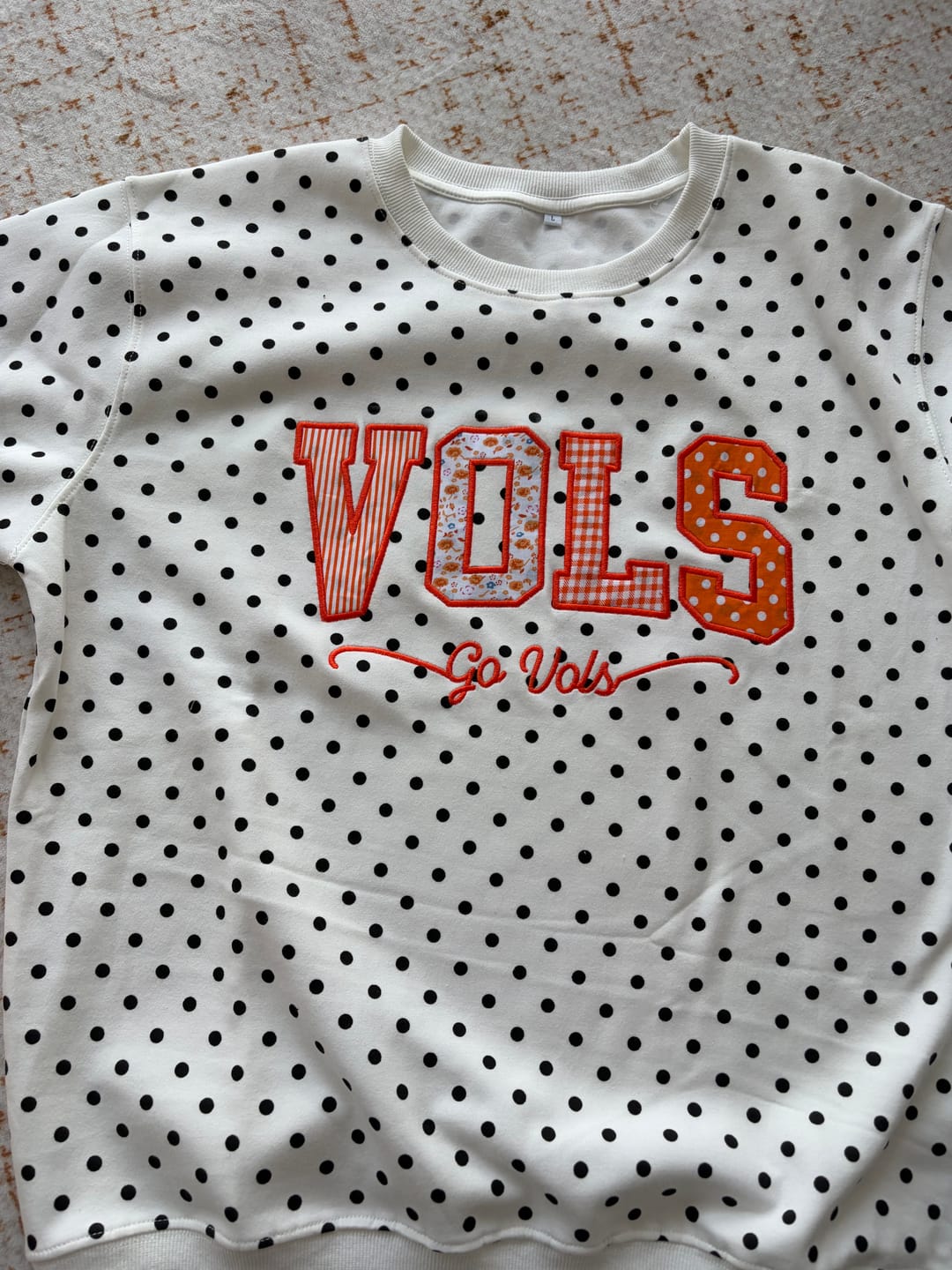 Customer photo review of Custom Patchwork Fabric Embroidered Polka Dot Sweatshirt Team and School Name Applique Varsity Letters | Game Day Wear