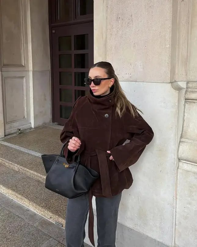 Customer photo review of Amanda Funnel Faux Suede Trench Coat