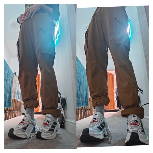 Customer's Highroller Shovel Rust Cargo Trousers worn in a two-panel side-by-side view, showing the fit and rolled cuffs.