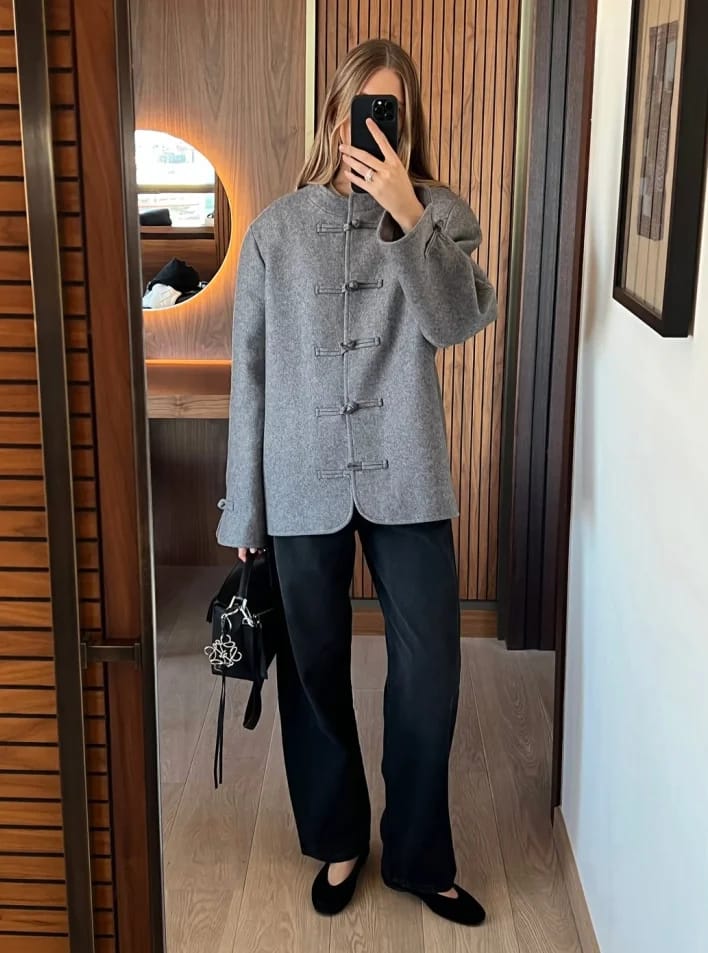 Customer photo review of Gloria Double-Faced Knot Mandarin Jacket