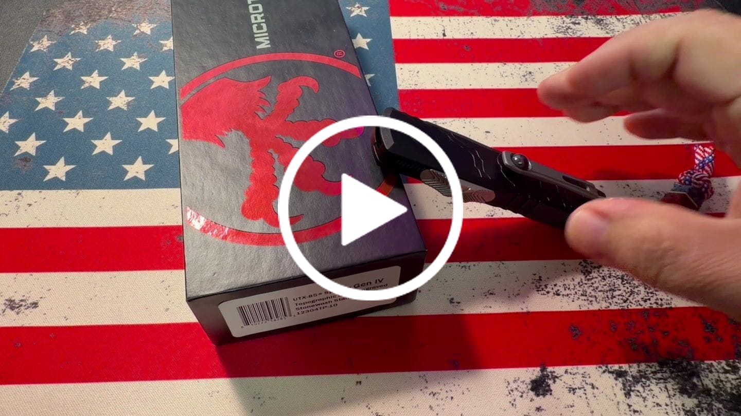 Customer video review of Microtech UTX-85 Gen IV 3.11" OTF – Spartan Blade, Black Topographic Deep Engraved Handle, M390MK Stonewash – BSA26 – Made in USA (12304TP-10)