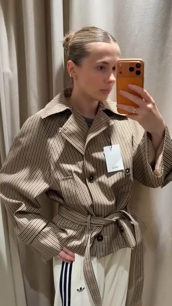 Customer photo review of Jasmin Plaid Funnel Collar Trench Coat