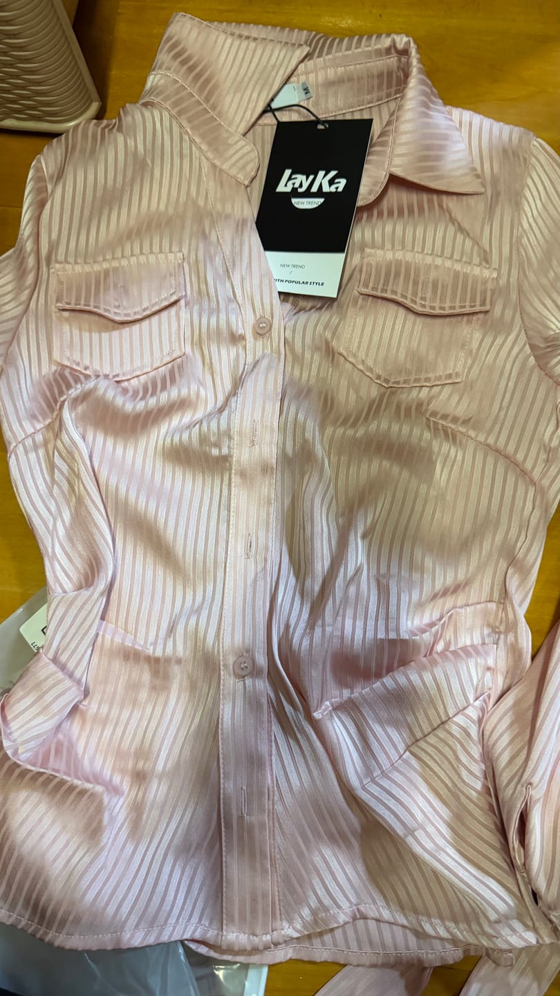 Customer photo review of VATTY™ Women's Pink Satin Striped Long-Sleeve Shirt