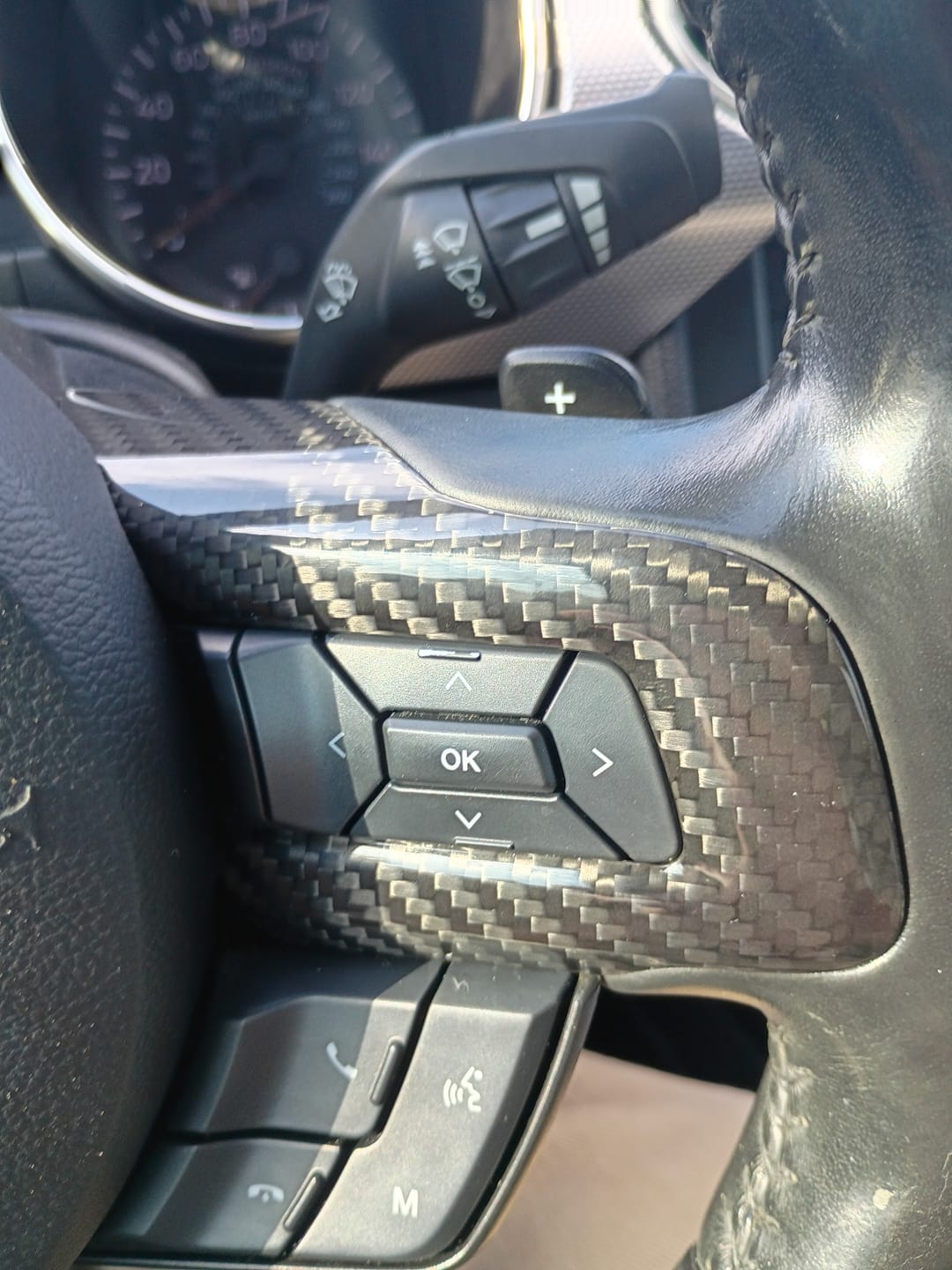Customer photo review of Carbon Fiber Steering Wheel Chrome Delete Cover for Mustang 2015-2023