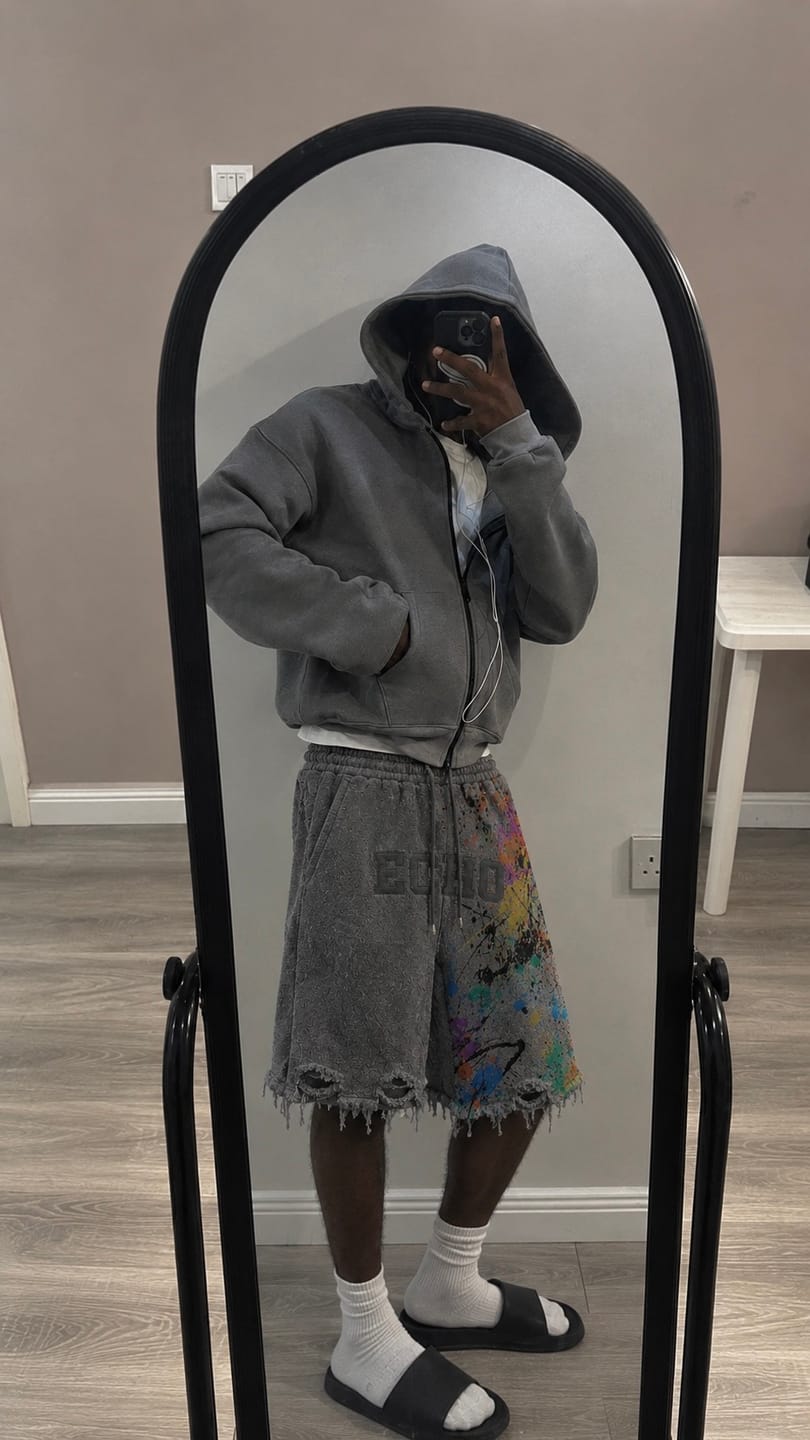 Customer photo review of ECHOTICKS Grey Paint Splatter Distressed Shorts