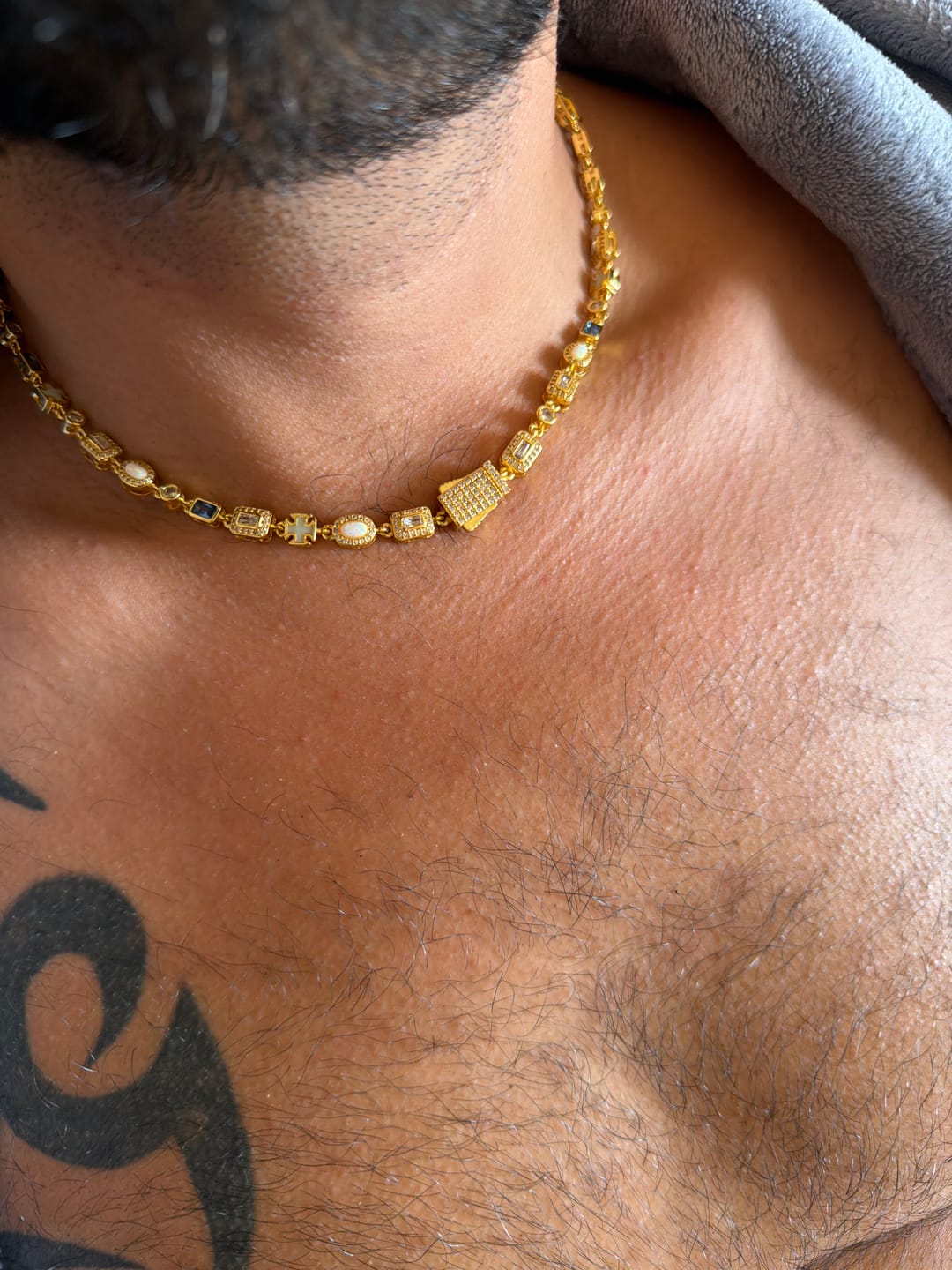 Customer photo review of 6MM BLUE GEMSTONE CHAIN – GOLD PLATED