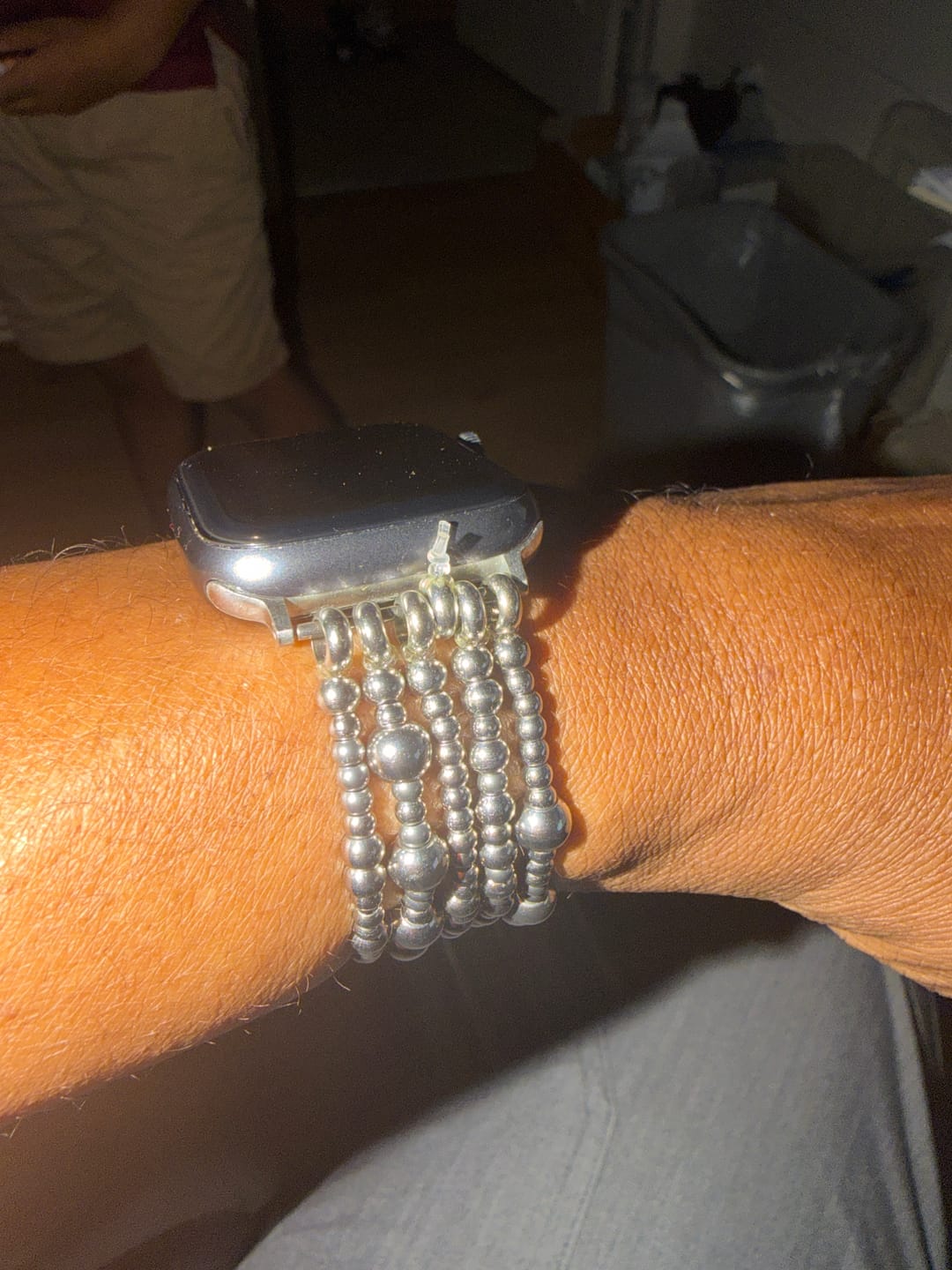 Customer photo review of Platinum Demure Stretch Apple Watch Strap