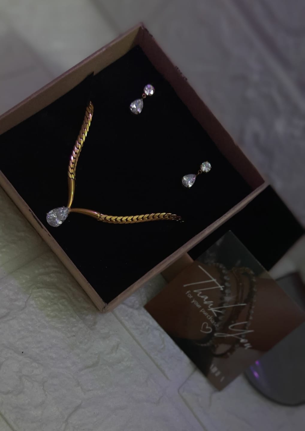 Customer photo review of Pear V Diamond Necklace & Medona Mini Earrings Bundle