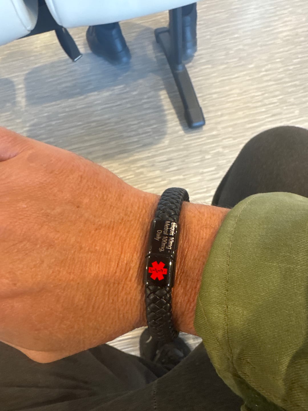 Customer photo review of Red-Alert Leather Medical ID Bracelet with Black Clasp