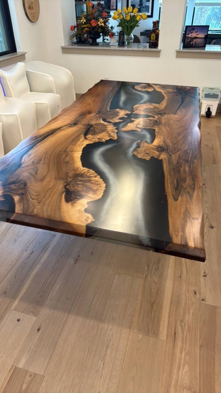Customer photo review of Custom Black Walnut Executive Office Desk with Translucent Black Epoxy Resin and Bevel Edge | ECT-360