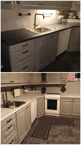 Customer's kitchen benchtop updated with hvit matt Marmor Romeo kontaktplast, shown before and after application.
