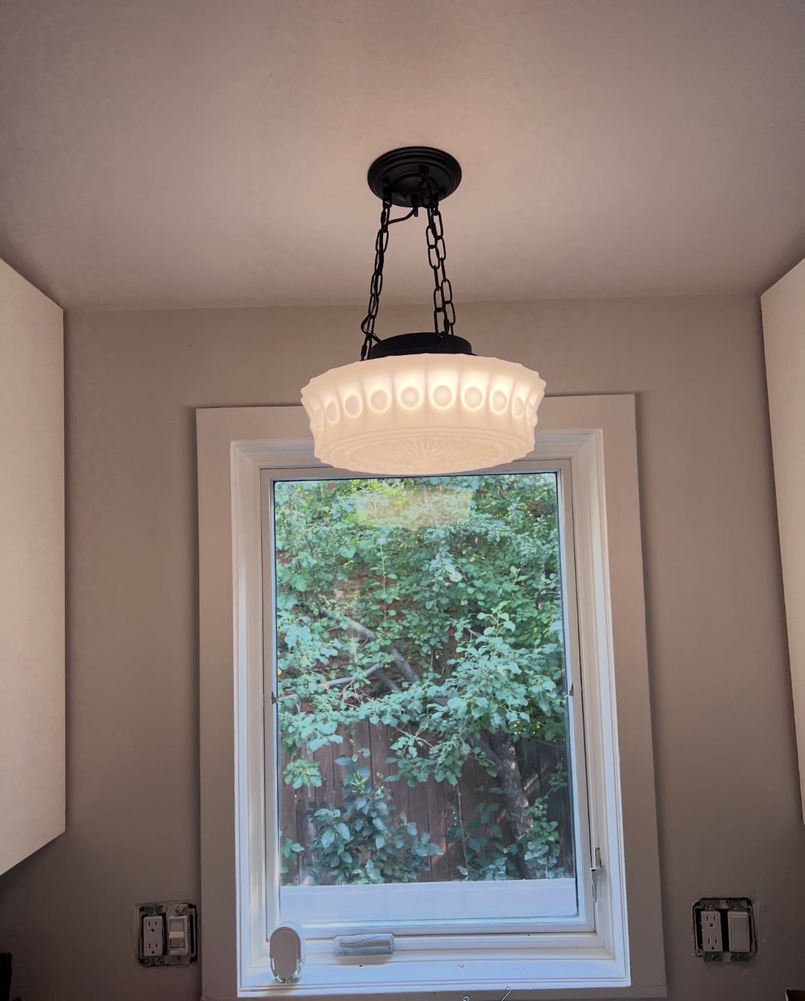 Customer photo review of Art Deco Sculptural Milk Glass Schoolhouse LED Pendant