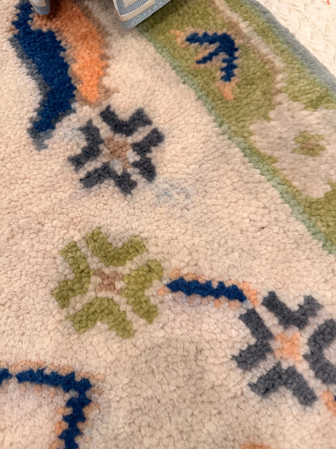 Customer photo review of Vibrant Colorful Silver, Green and Light Peach Hand knotted Oushak wool Area Rug