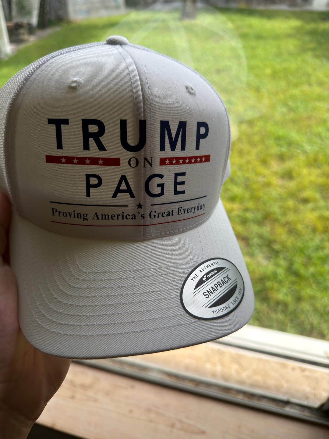 Customer photo review of Trucker Hat Retro Mesh Cap | 'Trump on Page'