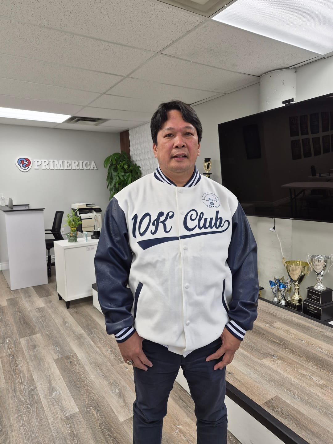 Customer photo review of Custom Navy White Raglan Sleeves Varsity Full-Snap Leather Sleeves Letterman Jacket
