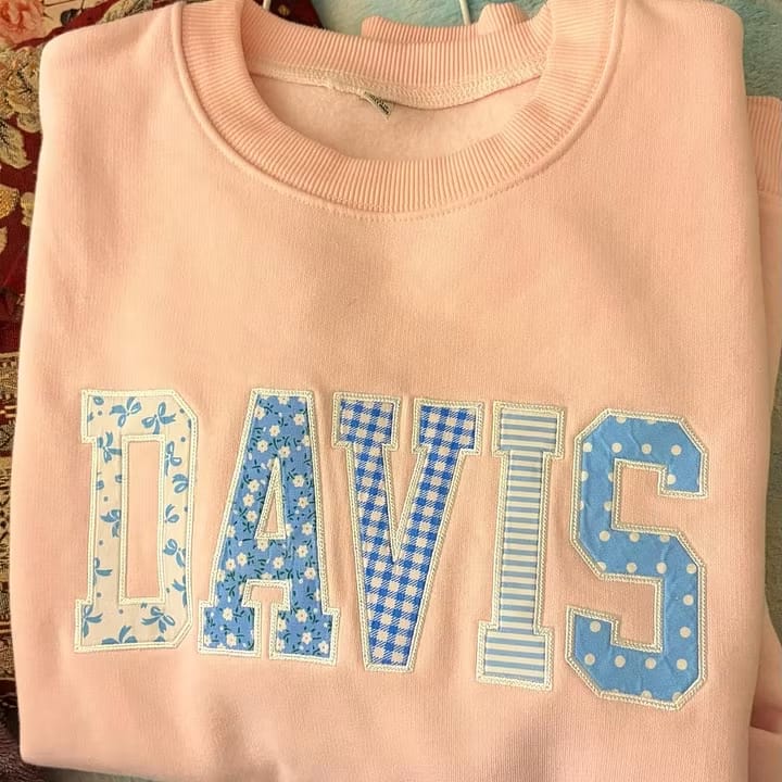 Customer photo review of Custom Patchwork Fabric Embroidered Sweatshirt Team and School Name Applique Varsity Letters