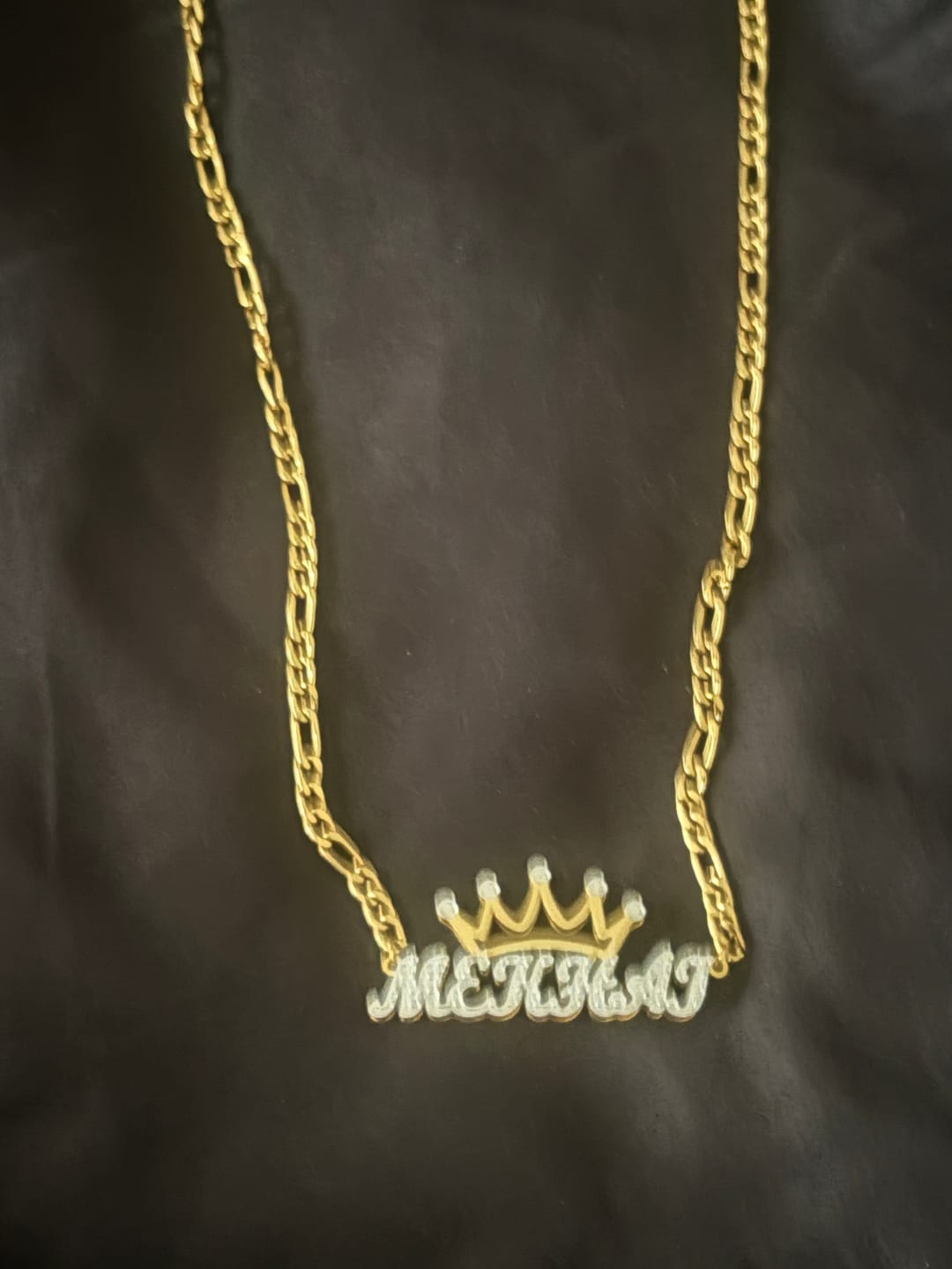 Customer photo review of Double Plated Crown Name Necklace w/ Figaro Chain